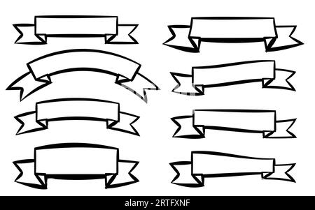 Set aus acht schwarzen, unterschiedlichen Bändern mit Schilderetiketten mit unterschiedlichen Stilen auf weißem Hintergrund. Vektorillustration. Stock Vektor