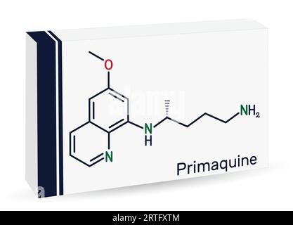 Primaquinmolekül. Es ist Aminochinolin, das zur Behandlung der Malaria verwendet wird. Skelettchemische Formel. Papierverpackungen für Medikamente. Vektorillustration Stock Vektor