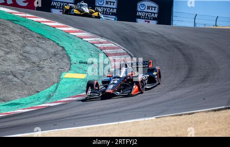 10. September 2023 Monterey, CA, USA Fahrer Santino Ferrucci(14) beim Firestone Grand Prix von Monterey NTT IndyCar Championship auf dem WeatherTech Raceway Laguna Seca Monterey, CA Thurman James/CSM in den KORKENZIEHER Stockfoto