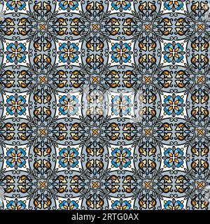 Nahtloses Muster in Azulejos Blau und Gelb, Protugal-Stil für Oberflächendesign. Vektorillustration für Textil oder Tapete Stock Vektor