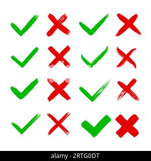 Schmutzige Grunge Hand gezeichnet mit Pinselstrichen Kreuz X und Häkchen OK Häkchen V Vektor Illustration Set Stock Vektor