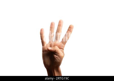 Schwarzes männliches rechtes Schild für Nummer vier isoliert auf weißem Hintergrund. Stockfoto