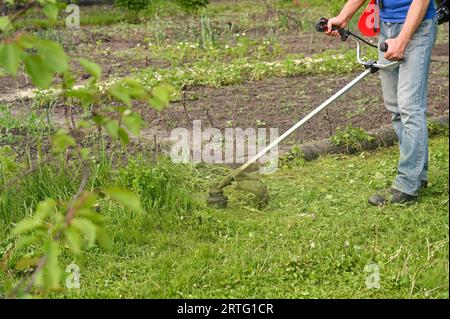 Mann mäht hohes Gras mit benzinbetriebenem Rasentrimmer im Garten. Stockfoto