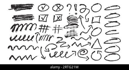 Von Hand gezeichnete Holzkohlelinien und Knistern im Grunge-Stil. Naive verspielte abstrakte Vektorformen Stock Vektor