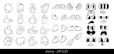 Set aus Comic-Gesichtern, Füßen und Händen im trendigen Retro-Cartoon-Stil der 70er Jahre. Groovender Maskottenfuß, Arm, Emotionen. Isolierte Abbildung. Stock Vektor