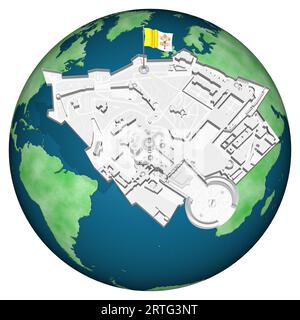 Skizzieren, planen und Ländergrenzen der Vatikanstadt mit der Welt im Hintergrund. 3D-Illustration Stockfoto