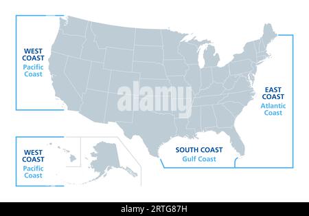 Küsten der Vereinigten Staaten, politische Landkarte. Küsten der West- oder Pazifikküste mit Hawaii und Alaska, Süd- oder Golfküste und Ost- oder Atlantikküste. Stockfoto