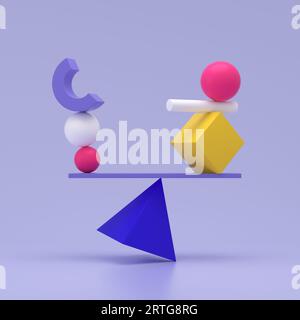 Verschiedene geometrische Formen, die auf der Pyramide balancieren. Extreme Balance-Konzept. 3D-Rendering. Stockfoto