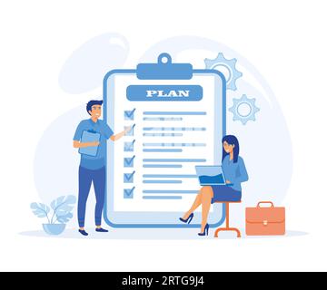 Business Plan-Konzept. Selbstbewusster, junger Geschäftsleiter, der Partnern einen Bericht zur Marketingstatistik vorlegt. Flache Vektor-moderne Illustration Stock Vektor