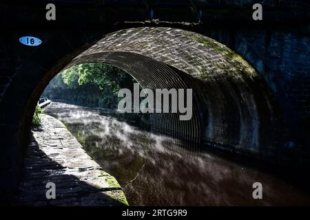 Nebel zieht sich entlang des Rochdale Canal, Hebden Bridge Stockfoto