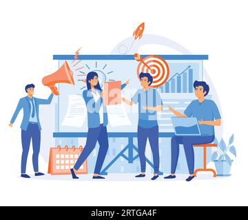 Strategische Geschäftsplanung, Mitarbeiter vor einem großen Bildschirm, die Unternehmensvision und -Mission präsentieren. Flache Vektor-moderne Illustration Stock Vektor