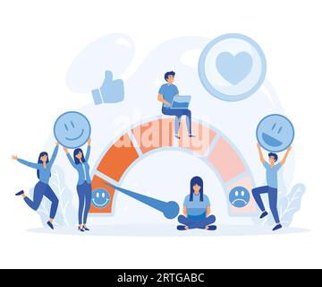 Kundenzufriedenheitsmesser mit Emotionssymbolen. Online-Bericht für Verbraucher. Benutzererfahrung, flache Vektorgrafik, moderne Illustration Stock Vektor
