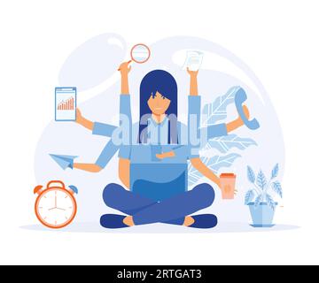 Multitasking. Zeitmanagement. Das Konzept der meditativen Geschäftsfrau. Flache Vektor-moderne Illustration Stock Vektor