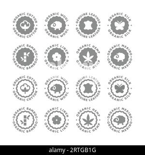 Vektoretikett aus Bio-Wolle, Baumwolle und Leinen. Natürliches Hanf und Seide, echtes Leder oder Stoff Icon. Stock Vektor