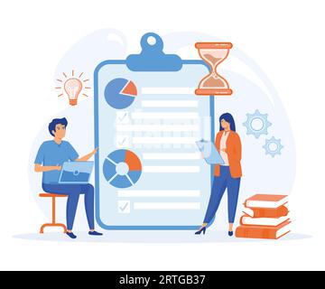 Business Plan-Konzept. Selbstbewusster, junger Geschäftsleiter, der Partnern einen Bericht zur Marketingstatistik vorlegt. Flache Vektor-moderne Illustration Stock Vektor