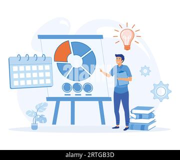 Business Plan-Konzept. Selbstbewusster, junger Geschäftsleiter, der Partnern einen Bericht zur Marketingstatistik vorlegt. Flache Vektor-moderne Illustration Stock Vektor