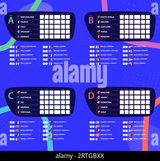 Spielplan mit den Nationalflaggen der Teilnehmer des Rugby-Turniers 2023. Vektorillustration. Stock Vektor