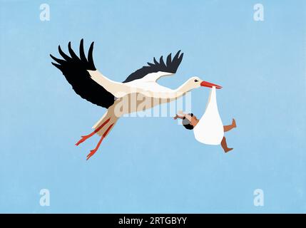 Weißer Storch, der einen Jungen in den blauen Himmel bringt Stockfoto