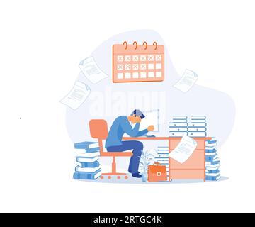 Stress im Büro. Ich betonte, dass der Manager des Direktors, der hart arbeitet, einen Bürotisch unter Papieren anlegt. Flache Vektor-moderne Illustration Stock Vektor