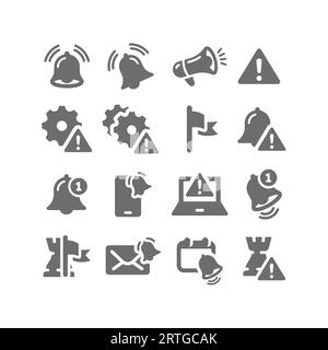 Erinnerung, Benachrichtigungsglockenvektor-Symbolsatz. Fehlermeldungen, Problemkennzeichen und Warnsymbole. Stock Vektor