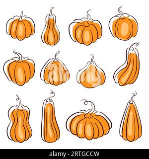 Kürbiskollektion im Stil der Linienkunst. Design für Thanksgiving Day, Halloween oder Herbstkonzept. Vektorillustration isoliert auf weißem Hintergrund. Stock Vektor