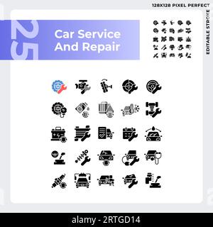 Symbole für Fahrzeugreparatur und -Wartung im Glyphe-Stil Stock Vektor