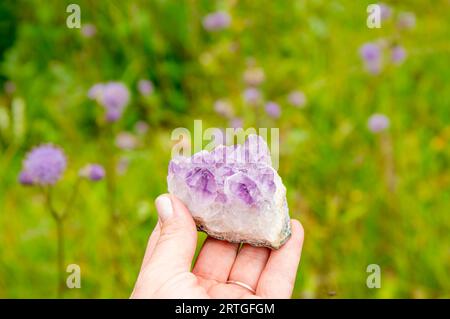 Frau mit lila Amethyst-Kristall-Geode gegen üppige Bokeh-grüne Wiese mit lila Blumen im Sommer draußen. Stockfoto