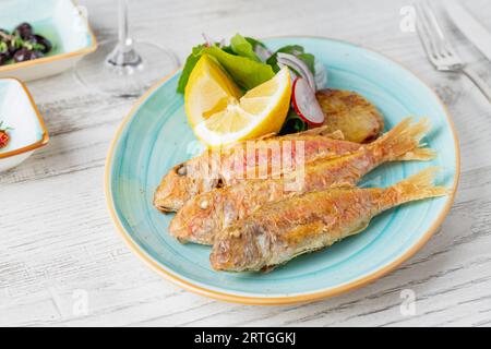 Köstlicher gegrillter Meerbarben-Fisch mit Beilagen wie Zitrone, Gemüse und Zwiebeln Stockfoto