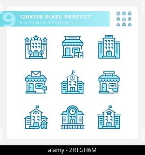 Satz bearbeitbarer Pixel-Symbole für perfekte blaue Gebäude Stock Vektor