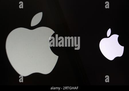 Sleman, Yogyakarta, Indonesien. September 2023. In dieser Abbildung ist das Logo des multinationalen Technologieunternehmens Apple Inc. Auf dem Smartphone-Bildschirm zu sehen. (Bild: © Angga Budhiyanto/ZUMA Press Wire) NUR REDAKTIONELLE VERWENDUNG! Nicht für kommerzielle ZWECKE! Stockfoto