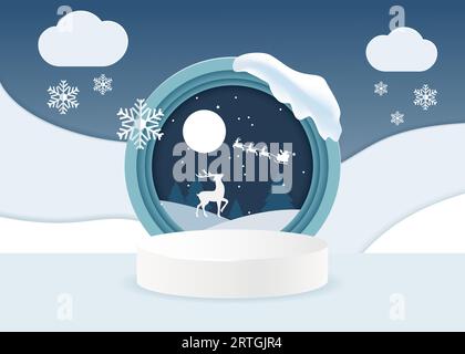 Winterweihnachtsbanner mit 3D-Podium. Winterhintergrund mit dem Team des weihnachtsmanns im Papierschnitt-Stil. Vektor-weihnachtskarte in Kreisansicht Stock Vektor