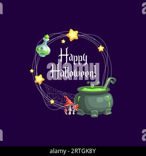 Halloween-Rahmen mit Hexenkessel, Trinkflasche und Amanita-Pilzen. Vektor Runde Grenze mit Happy Halloween Schriftzug, Comic gruseligen Topf mit grünem Sud und gelb leuchtenden Sternen Stock Vektor
