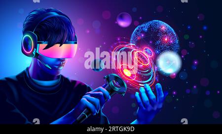 Man in VR-Headset oder 3D-Brille der virtuellen Realität sieht aus und interagiert mit der holografischen Oberfläche der VR- oder AR-Simulation. Mann, der im Computer-Video spielt Stock Vektor