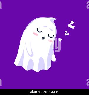 Halloween kawaii Geist schläft, strahlt sanfte ZZ Schnarchen aus. Isolierte süße Vektorweiß-Spucke schlummert friedlich, ihre runden, unschuldigen Augen geschlossen. Entzückendes, überirdisches Phantom, das im Traumland treibt Stock Vektor