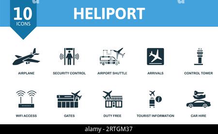 Heliport-Set. Kreative Symbole: Flugzeug, Sicherheitskontrolle, Flughafen-Shuttle, Ankunft, Kontrollturm, wifi-Zugang, Tore, Duty Free, Touristeninformation Stock Vektor