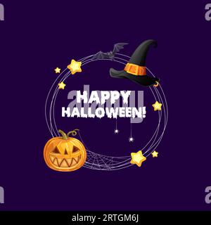 Halloween-Rahmen mit Hexenhut, Fledermaus und Kürbis. Vektor-Rundrand mit Horror-Night-Schriftzug, Comic-Jack-Laterne, gruseliges Spinnennetz, hängenden Spinnensternen und schwarzer Zauberermütze Stock Vektor