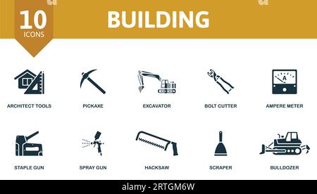 Baukasten. Kreative Ikonen: Architect Tools, Pickaxe, Bagger, Bolzenschneider, Amperemeter, Heftpistole, Spritzpistole, Bügelsäge, Schaber, Planierraupe. Stock Vektor