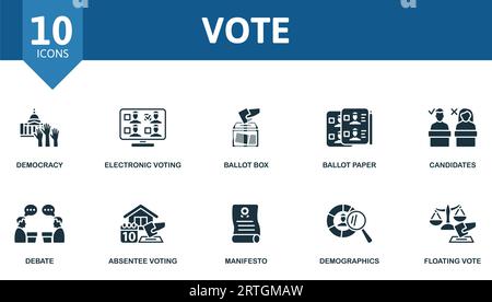 Abstimmungsset. Kreative Symbole: Demokratie, elektronische Abstimmung, Stimmzettel, Wahlzettel, Kandidaten, Debatte, Abstimmung in Abwesenheit, Manifest, Demographie Stock Vektor