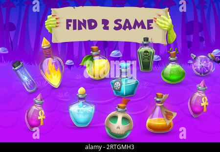 Finde zwei gleiche Halloween-Trinkflaschen in Magic Forest, Kinderspiel-Vektor-Arbeitsblatt. Halloween-Puzzle-Quiz, passendes Spiel mit Cartoon-Glasflaschen, Flaschen und Gläsern mit Hexentrank und Alchemie-Elixier Stock Vektor