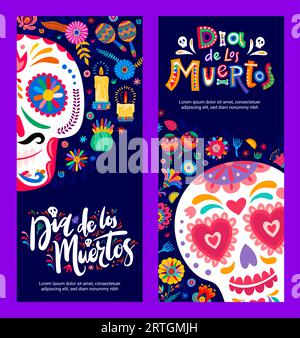 Dia de Los Muertos oder Day of Dead Feiertagsbanner mit mexikanischen Kalavera-Schädeln, Vektorhintergrund. Mexiko Dia de Los Muertos Karneval fiesta Grußkarten mit Schädeln in floralen mexikanischen Ornamenten Stock Vektor