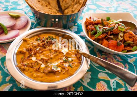 Köstliches indisches Hühnchen do Piaza mit frittierten Zwiebeln in einer reichhaltigen Soße zusammen mit chinesischen Garnelen kalt trocken serviert mit frischem weichen Naan Stockfoto