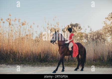 Junge Frau in rotem Kleid, während sie auf dem Pferd sitzt Landstraße in Feldnähe Stockfoto
