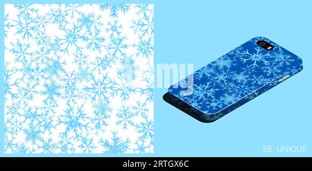 Modernes Smartphone in einzigartiger Hülle mit Winterschneeflocken. Sechs spitz zulaufende, flauschige Schneeflocken, Symbol des Winterwetters. Isometrische Draufsicht. Vektorornam Stock Vektor