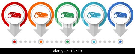 Roboter, automatischer Grasmäher Vektorsymbolsatz, Infografikvorlage für flaches Design, Symbole für das Zeigerkonzept in 5 Farboptionen für Webdesign und Mobilgeräte Stock Vektor