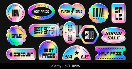 Holografischer Aufkleber. Hologramm-Etiketten, glänzende Metallabzeichen in verschiedenen Formen. Farbige Regenbogenembleme auf schwarzem Hintergrund. Vektor-Illustration für verlaufende Verkaufs- und Rabattelemente Stock Vektor
