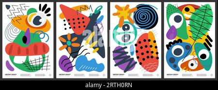 Abstraktes surreales Poster mit primitiven grafischen Formen. Moderne, trendige Kollektion mit Free Forms und Crazy Doodle Print. Dekorative y2k-Plakatschablonen im Groovy-Stil. Psychedelische Kunstwerke Stock Vektor