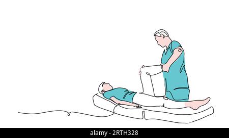 Beinrehabilitationstherapie, Massagen auf dem Tisch. Physiotherapie-Behandlungsvektorillustration. Eine durchgehende Linienzeichnung der Beinbehandlung Stock Vektor