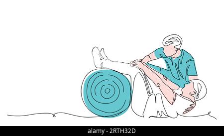 Physiotherapeut hilft bei fitball-Übungen. Physiotherapie-Behandlung, Rehabilitationstherapie-Vektor-Illustration. Eine durchgehende Strichzeichnung von Stock Vektor