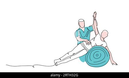 Fitball-Rehabilitationstherapie. Physiotherapie-Behandlungsvektorillustration. Eine durchgehende Linienzeichnung von Rehabilitations-Fitballübungen Stock Vektor