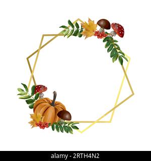 Goldener geometrischer Rahmen im Herbst. Vektorillustration mit Kürbis, Pilzen, Blättern. Designelement für Grußkarten, Einladungen, Herbstbanner. Stock Vektor